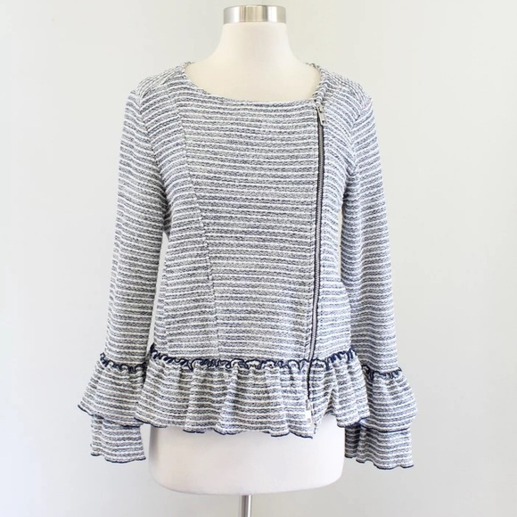 Banana Republic Blue White Tweed Ruffle Peplum Asymmetrical Zip Blazer Jacket 4 - Picture 2 of 8